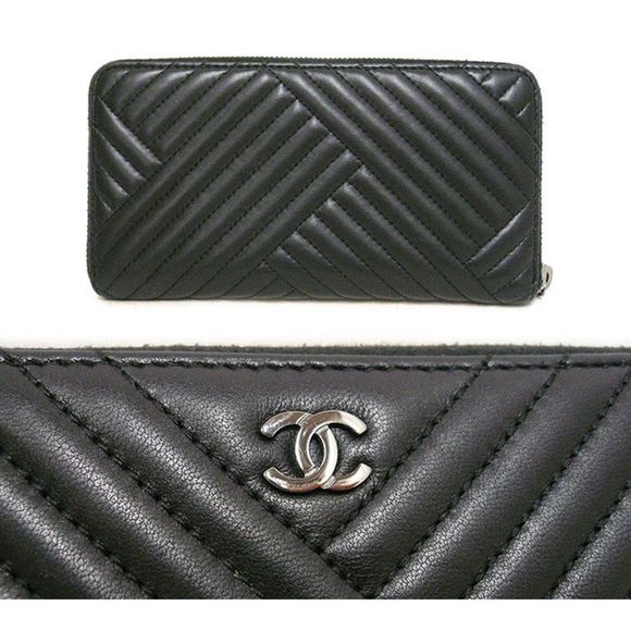 Chanel Lambskin Chevron Round Zipper Long Wallet Coco Mark Leather Black - Picture 3 of 6